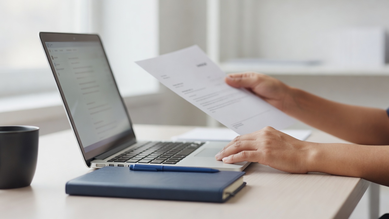 A close-up detail shot related to "How to Email an Invoice to a Client (With Templates)" — hands, a laptop screen, or pa