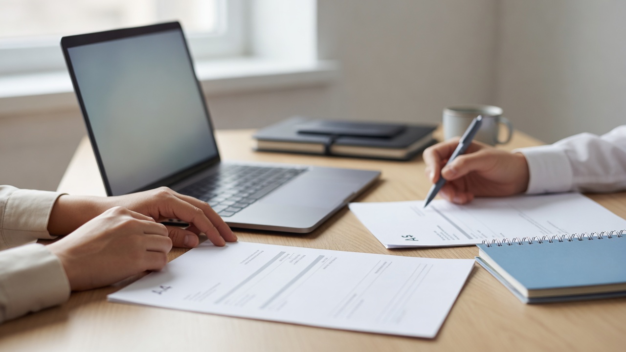 A close-up detail shot related to "How to Invoice International Clients as a US Freelancer" — hands, a laptop screen, or