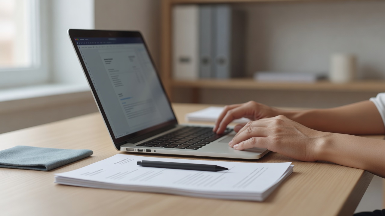 A close-up detail shot related to "Interior Designer Invoice Template" — hands, a laptop screen, or paperwork on a tidy