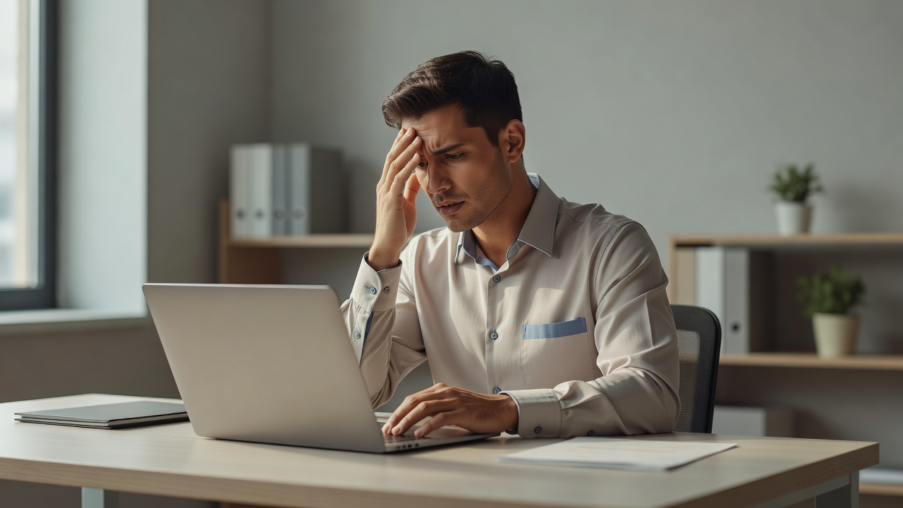 A person at a laptop with a hand resting on their forehead in a moment of realization, tidy modern office, soft daylight