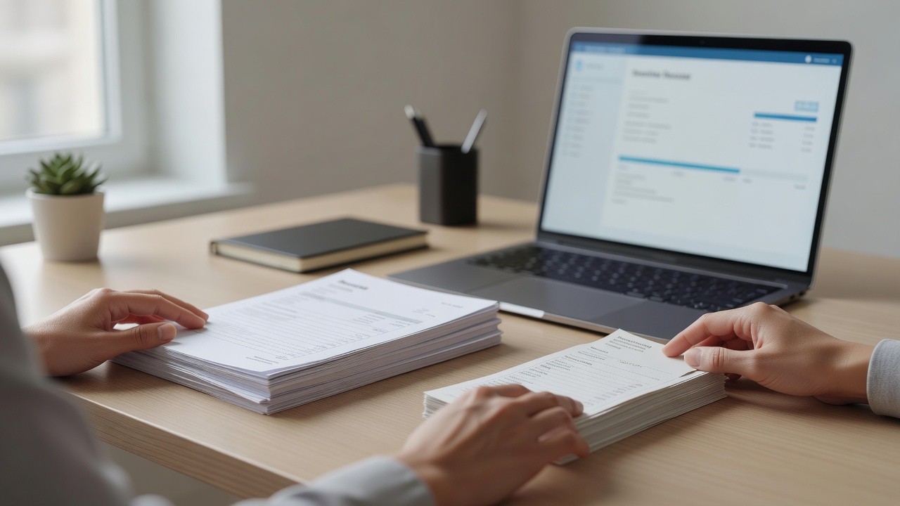 A close-up detail shot related to "Invoice vs Receipt" — hands, a laptop screen, or paperwork on a tidy desk in a bright