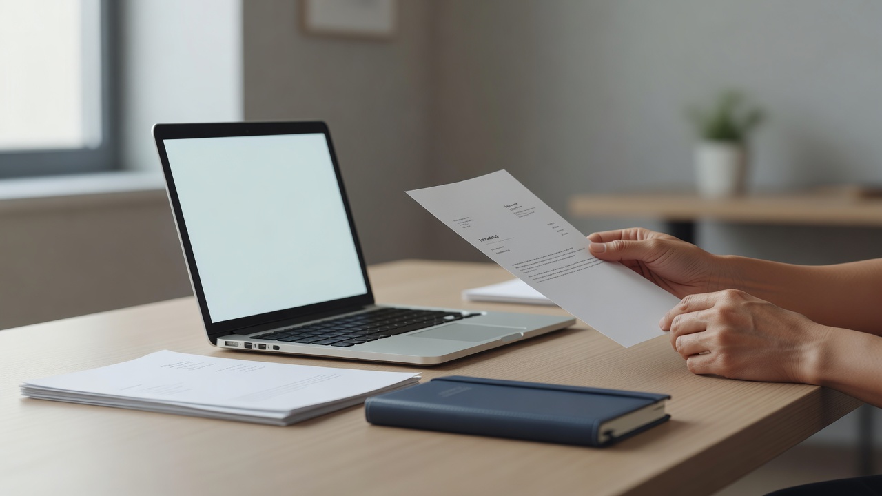 A close-up detail shot related to "IT Consultant Invoice Template" — hands, a laptop screen, or paperwork on a tidy desk