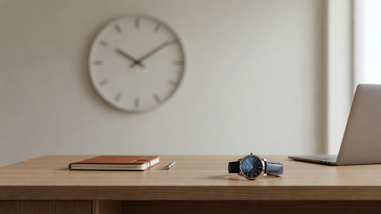 A wristwatch resting on a tidy desk with a wall clock softly blurred in the background, conveying the passage of time in