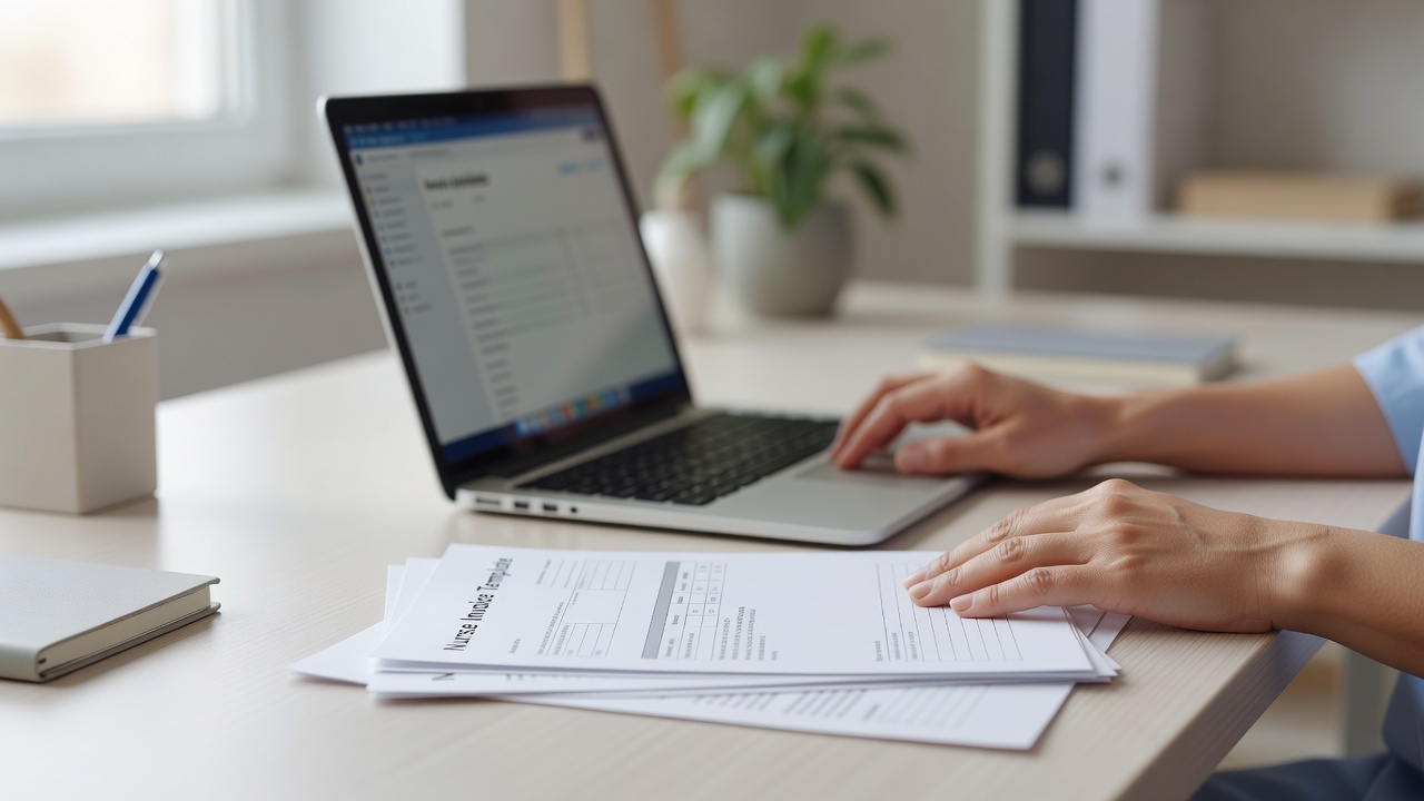 A close-up detail shot related to "Nurse Invoice Template" — hands, a laptop screen, or paperwork on a tidy desk in a br