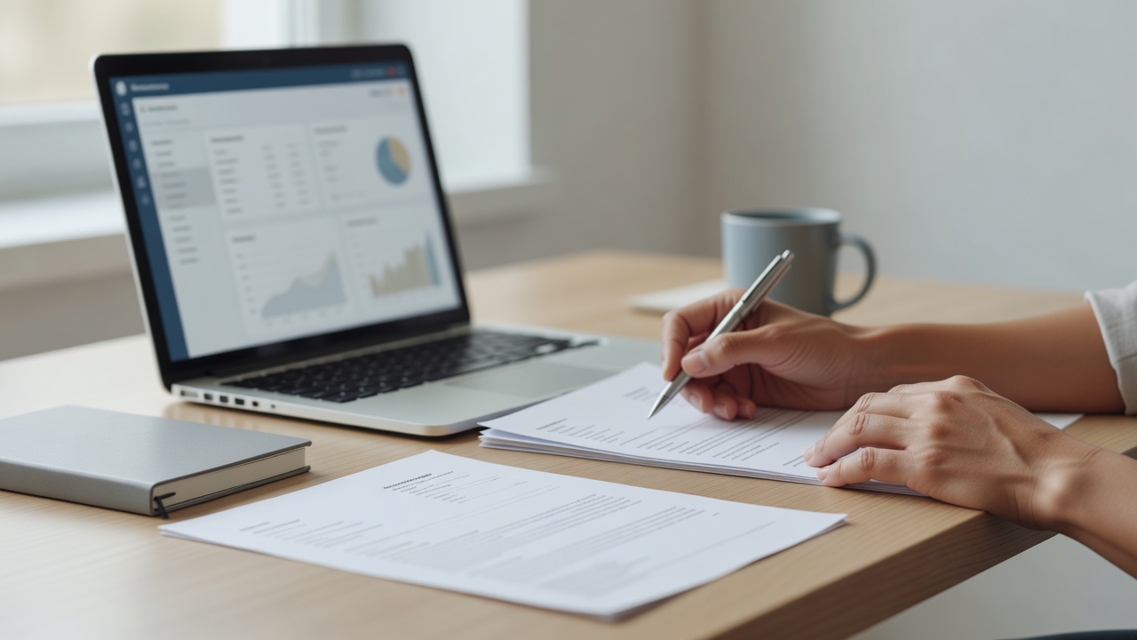 A close-up detail shot related to "QuickBooks Alternative for Freelancers" — hands, a laptop screen, or paperwork on a t