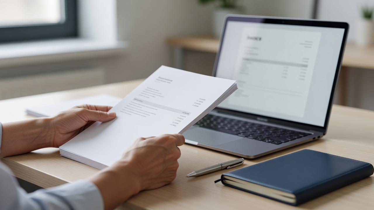 A close-up detail shot related to "Real Estate Agent Invoice Template" — hands, a laptop screen, or paperwork on a tidy 