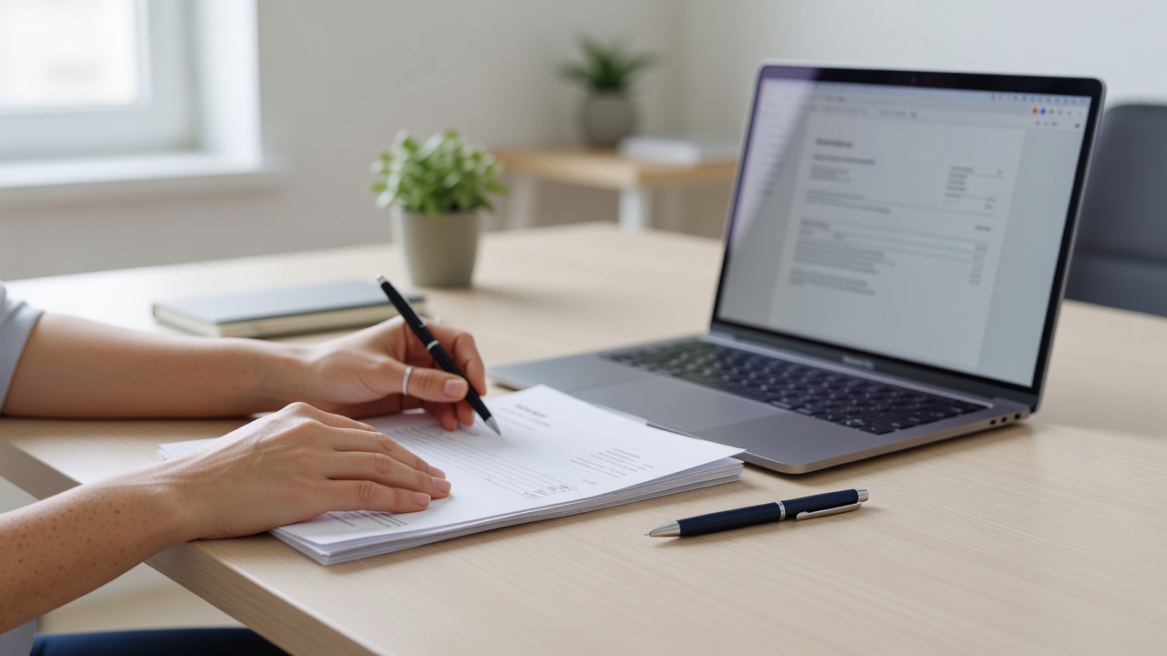 A close-up detail shot related to "Social Media Manager Invoice Template (Free, Instant Download)" — hands, a laptop scr