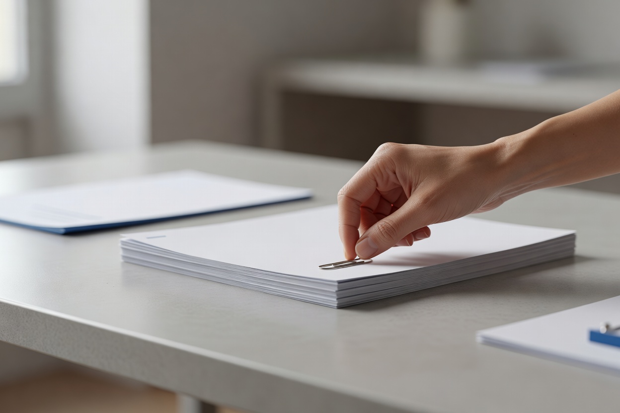 Close-up of a hand placing a paper clip onto a small tidy stack of documents on a clean desk, shallow depth of field